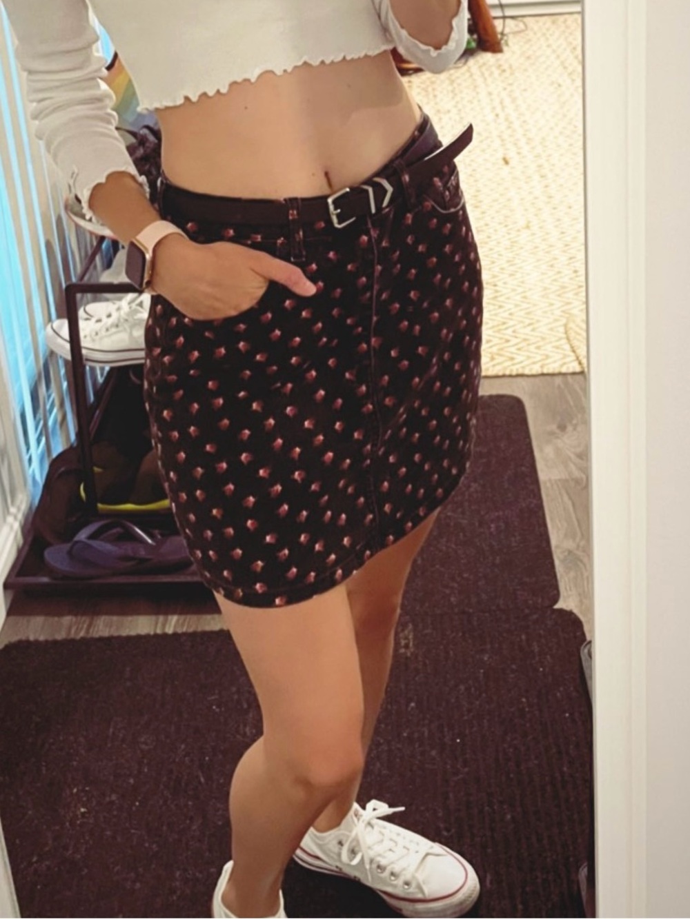Forever 21 Black Denim Mini Skirt with Pink Floral Embroidery